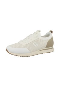 Scarpe da ginnastica beige e bianche con una tomaia testurizzata, punta liscia, collo imbottito e suola di gomma con accenti lineari.