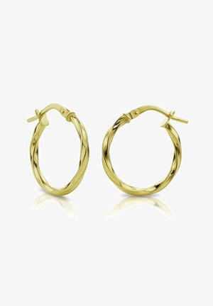 Zlatne uvozne naušnice u obliku spirale s sjajnom završnom obradom, opremljene sigurnim kopčanjem i kružnim dizajnom. Glatka tekstura s blagim utorima.