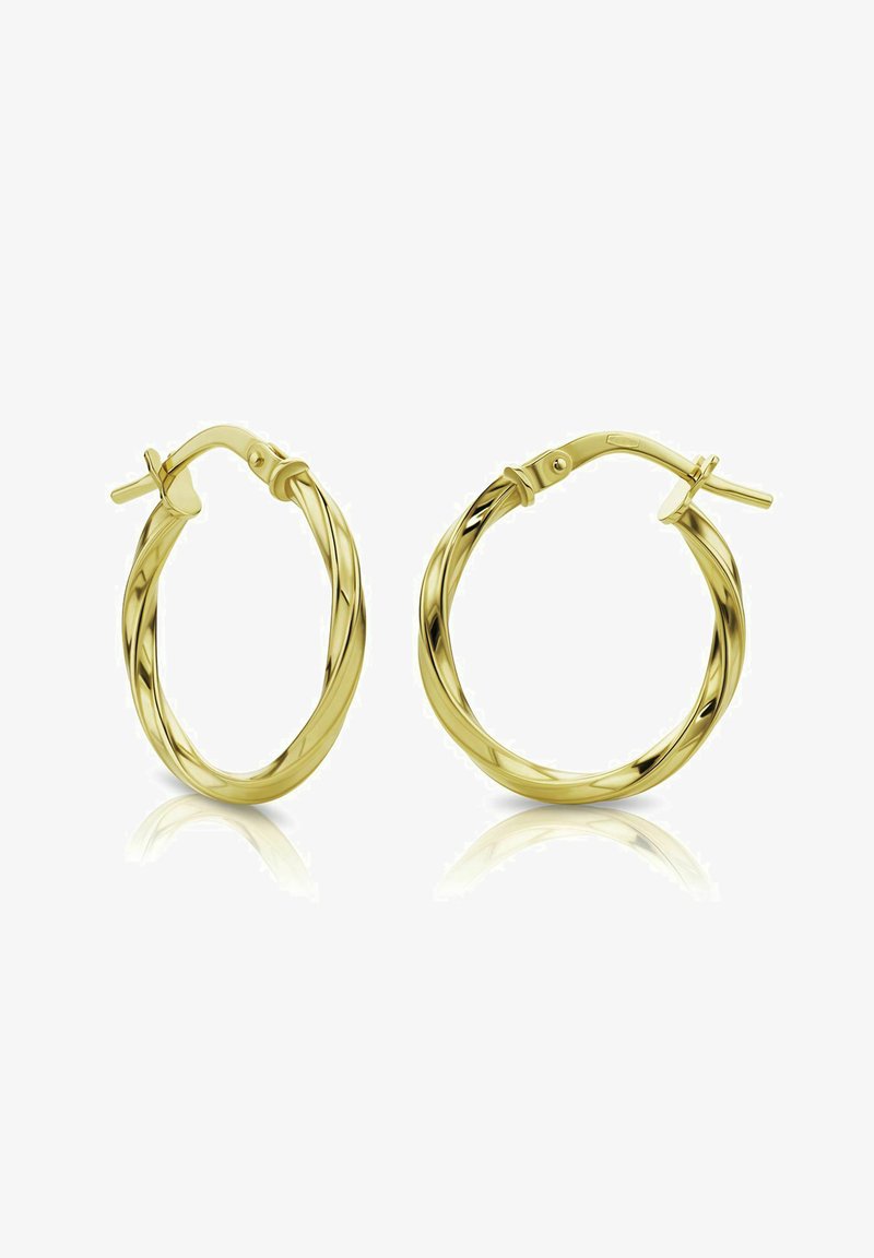 Kultaiset kiepautetut korvaketjut kiiltävällä pinnalla, jossa on turvallinen lukitus ja pyöreä muoto. Silkkinen rakenne, jossa on lieviä uria.