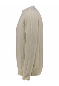 Maglione lavorato a maglia beige con una texture a coste, scollatura tonda e maniche lunghe. L'orlo inferiore e i polsini presentano dettagli a coste.
