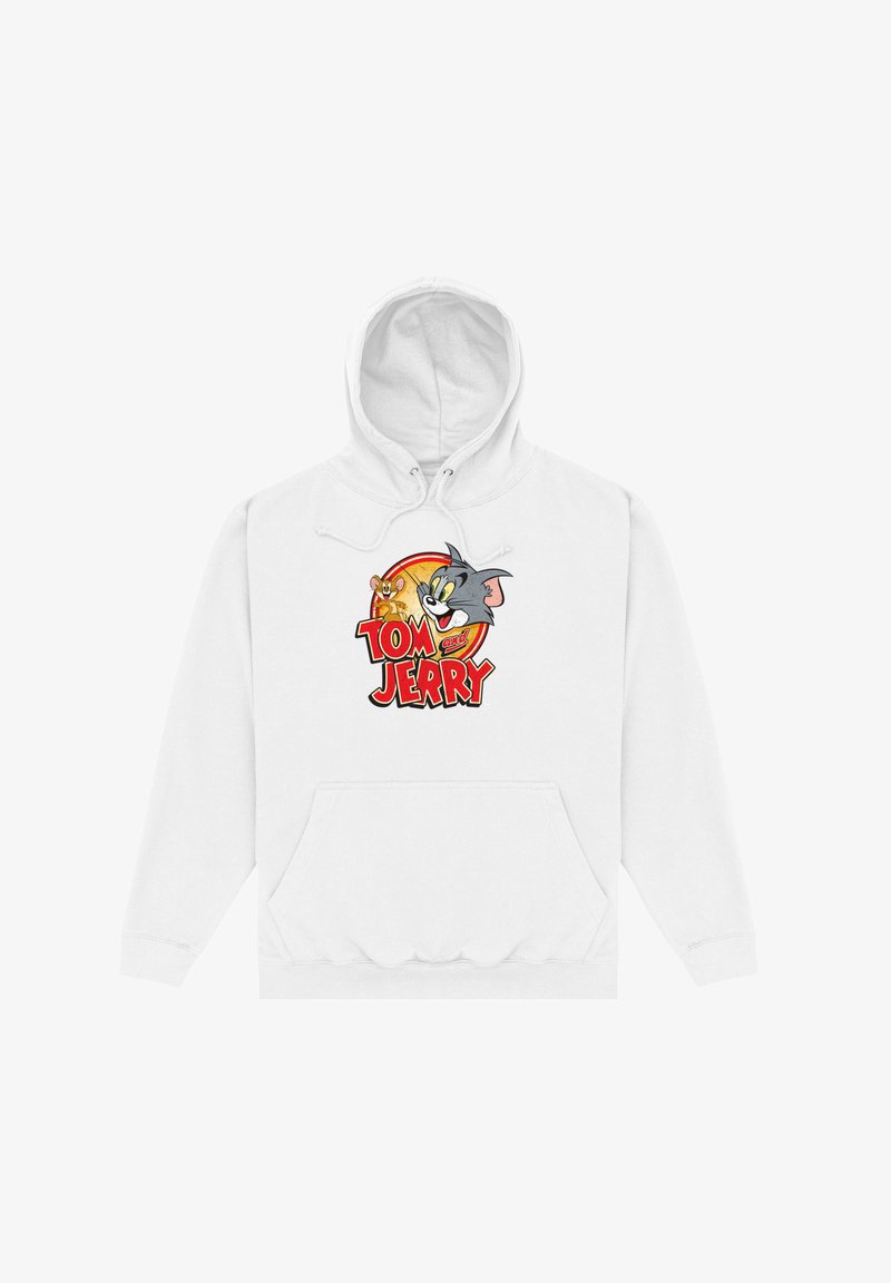 Witte hoodie met een graphic print van Tom en Jerry, met gedurfde rode en gele letters en een voorzak in kangoeroestijl.