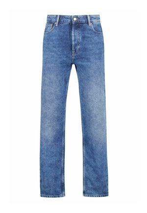 Light blue denim jeans with a straight leg design, featuring a button closure, belt loops, and five-pocket styling.