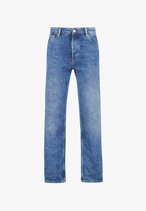 Light blue denim jeans with a straight leg design, featuring a button closure, belt loops, and five-pocket styling.