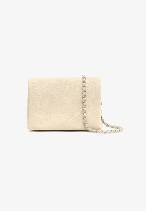 Cream-colored handbag with floral embossed design, a rectangular shape, and a silver chain strap. Textured surface adds dimension.