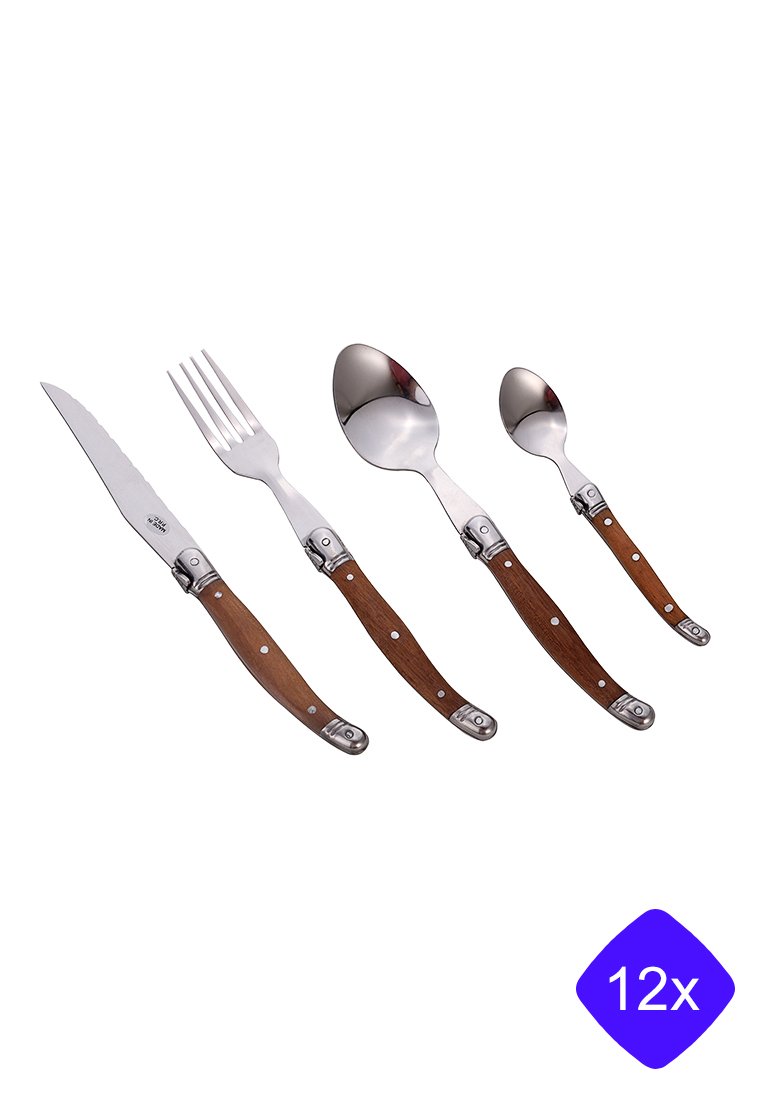 Roestvrijstalen bestekset met houten handvatten; bevat een mes, vork, grote lepel en kleine lepel, met gepolijste oppervlakken en metalen accenten.