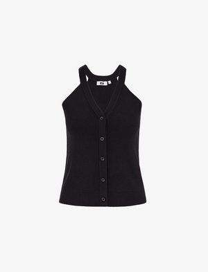 Top negro de punto acanalado con escote en V, cierre frontal con botones y tirantes anchos. Textura suave, diseño ajustado y sin estampados.