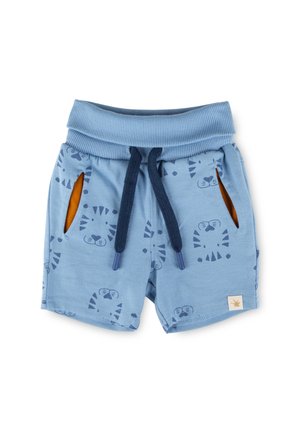Blue toddler shorts with dark blue tiger face prints, navy drawstring, and orange-lined side pockets on a white background.