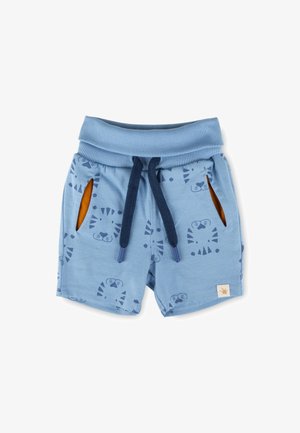 Shorts pour tout-petit bleus avec des impressions de visage de tigre bleu foncé, cordon de serrage marine et poches latérales bordées d'orange sur fond blanc.