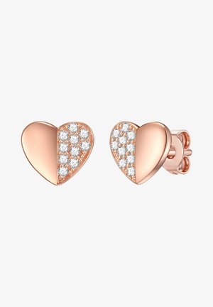Pendientes en forma de corazón de oro rosa, con una mitad lisa y una mitad con incrustaciones de cristales transparentes. Incluyen un cierre de poste seguro.