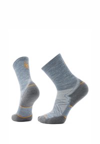 Graue und hellblaue Socken mit gemusterten Designs, featuring einem orangefarbenen Logo, knöchellang und einer Mischung aus Texturen im Stoff.