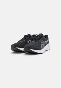 Black athletic shoes with a textured upper, white accents, a cushioned sole, and laces. Features a streamlined design for comfort.