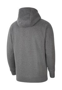 Graue Kapuzenjacke aus weichem Stoff mit einer verstellbaren Kapuze, langen Ärmeln und einem gerippten Saum. Die Rückseite hat eine glatte, schlichte Textur.