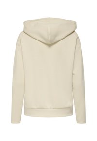 Felpa con cappuccio beige vista da dietro, con maniche lunghe e orlo e polsini a coste, su uno sfondo bianco.