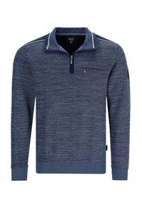 Marineblauer Pullover mit einem halb verdeckten Reißverschluss-Kragen und strukturiertem Stoff. Mit einer vorderen Reißverschlusstasche und kontrastierendem gestreiftem Kragenelement.