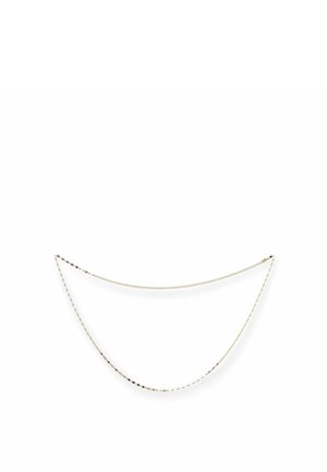 Zarte goldene Halskette mit zwei feinen Ketten, eine schlicht und eine mit kleinen kreuzförmigen Gliedern, auf weißem Hintergrund präsentiert.