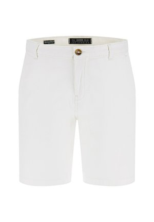 White denim shorts featuring a button fly, belt loops, and front pockets. Smooth texture with clean stitching and a tailored fit.