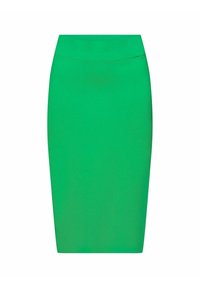 Jupe crayon verte en tissu extensible, présentant un design élégant avec une silhouette cintrée et une ceinture lisse.
