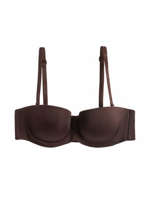 Mørkebrunt polstret strapless bh med aftagelige, justerbare skulderstropper og bøjleunderstøttelse, vist mod en hvid baggrund.