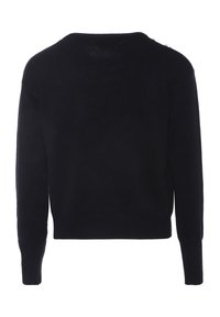 Schwarzer Strickpullover mit langen Ärmeln, Rundhalsausschnitt und gerippten Bündchen und Saum. Verfügt über einen Knopfverschluss an der Schulter. Weiche Textur.