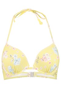 Yellow bikini top with floral pattern in pink and blue, featuring triangle cups, adjustable neck ties, and a clear plastic clasp closure.