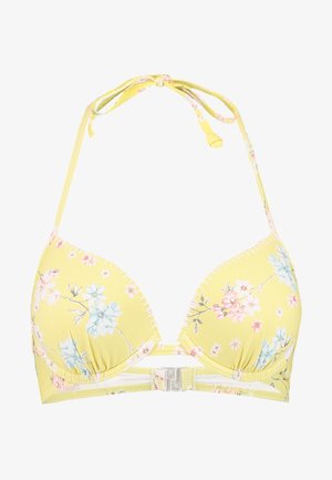 Gelbes Bikini-Oberteil mit floralen Mustern in Pink und Blau, mit dreieckigen Cups, verstellbaren Nackenbändern und einem klaren Kunststoffverschluss.