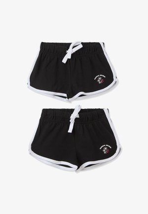 Czarne bawełniane szorty z białymi wykończeniami, elastycznym pasem w talii i sznurkiem do ściągania. Z przodu haft "Tropical Holiday" z motywem palmowym.