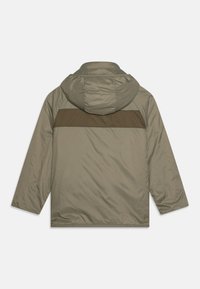 Veste à capuche légère de couleur vert olive avec un panneau horizontal marron à l'arrière. Texture lisse et poignets élastiques.
