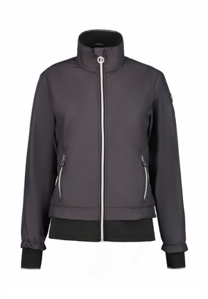 Schwarze, leichte Jacke mit hohem Kragen, silbernem Reißverschluss, Reißverschlusstaschen, elastischen Bündchen und tailliertem Schnitt. Weiche, glatte Textur.