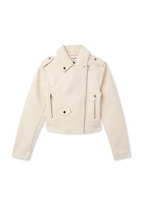 Giacca corta in finta pelle bianca con colletto a vestaglia, chiusura con cerniera, due tasche con cerniera e spalline.