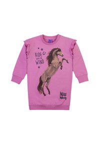 Felpa rosa con una grafica di un cavallo in piedi e la scritta "CAVA CON IL VENTO". Accenti arricciati sulle spalle e logo ricamato.