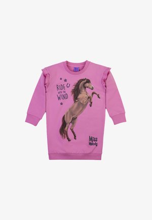 Pink sweatshirt featuring a rearing horse graphic and the text "RIDE WITH THE WIND." Ruffled shoulder accents and embroidered logo.