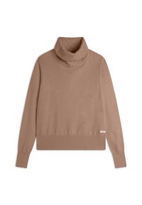 Pull en jersey beige à col roulé texturé et plié. Manches ajustées et ourlet côtelé. Fabriqué en tissu doux. Étiquette de marque sur le côté inférieur.