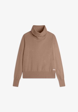 Pull en jersey beige à col roulé texturé et plié. Manches ajustées et ourlet côtelé. Fabriqué en tissu doux. Étiquette de marque sur le côté inférieur.