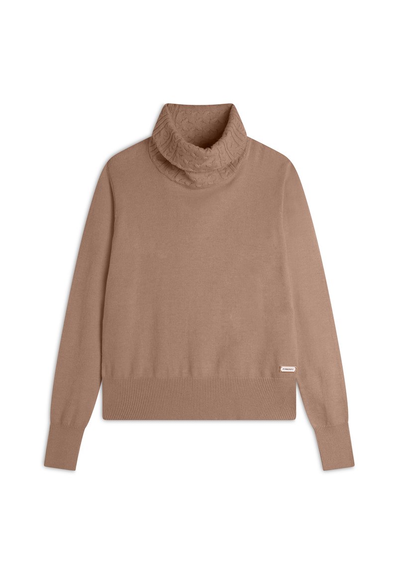 Pull en jersey beige à col roulé texturé et plié. Manches ajustées et ourlet côtelé. Fabriqué en tissu doux. Étiquette de marque sur le côté inférieur.