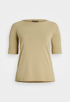 Beige short-sleeve T-shirt made of soft fabric. Features a round neckline and rolled cuffs, with a straight hem and minimal design.