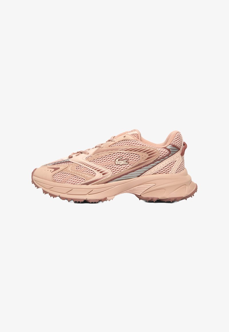 Light pink athletic shoes with mesh panels, textured overlays, and contrasting silver accents. Features a curved, lightweight design and rubber outsole.