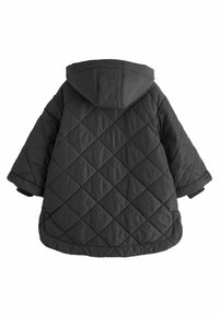 Cappotto imbottito nero con cappuccio, dal taglio ampio, con motivo a diamante texture, maniche lunghe e orlo arrotondato. Tessuto morbido e imbottito.