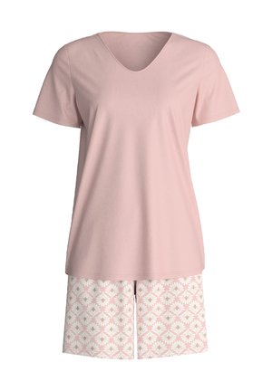 Zachtroze kortärmelig V-hals top gecombineerd met lichtroze en witte geplaatste knielange korte broeken pyjama's.