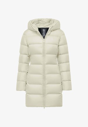 Licht beige pufferjack met capuchon, een ritssluiting aan de voorkant en horizontale quiltpatronen voor isolatie. Glad, glanzend materiaal met een relaxte pasvorm.