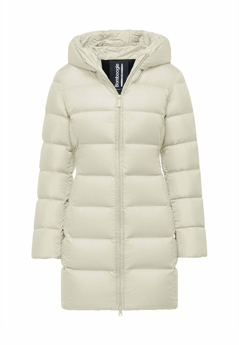 Licht beige pufferjack met capuchon, een ritssluiting aan de voorkant en horizontale quiltpatronen voor isolatie. Glad, glanzend materiaal met een relaxte pasvorm.