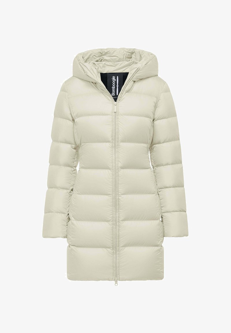 Giubbotto puffer beige chiaro con cappuccio, zip frontale e trapuntatura orizzontale per isolamento. Tessuto liscio e lucido con vestibilità rilassata.