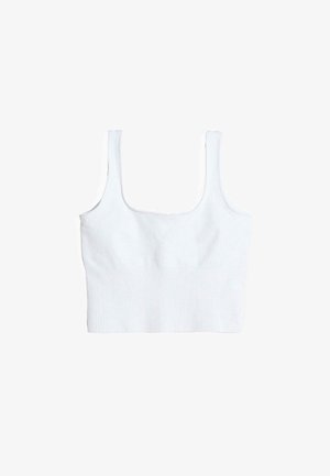 Világosszürke bordázott crop top négyzet alakú nyakkivágással, széles pántokkal és testhezálló kialakítással. Lapított varrásokkal és puha tapintással. Nincs látható záródás.
