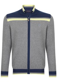 Maglione grigio con zip, caratterizzato da strisce blu navy e gialle sulle spalle e sui polsini. Presenta una texture a coste e un piccolo logo sul petto.