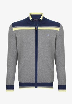 Grijze zip-up trui met marineblauwe en gele strepen op de schouders en manchetten. Kenmerkt zich door een geribbelde structuur en een klein logo op de borst.