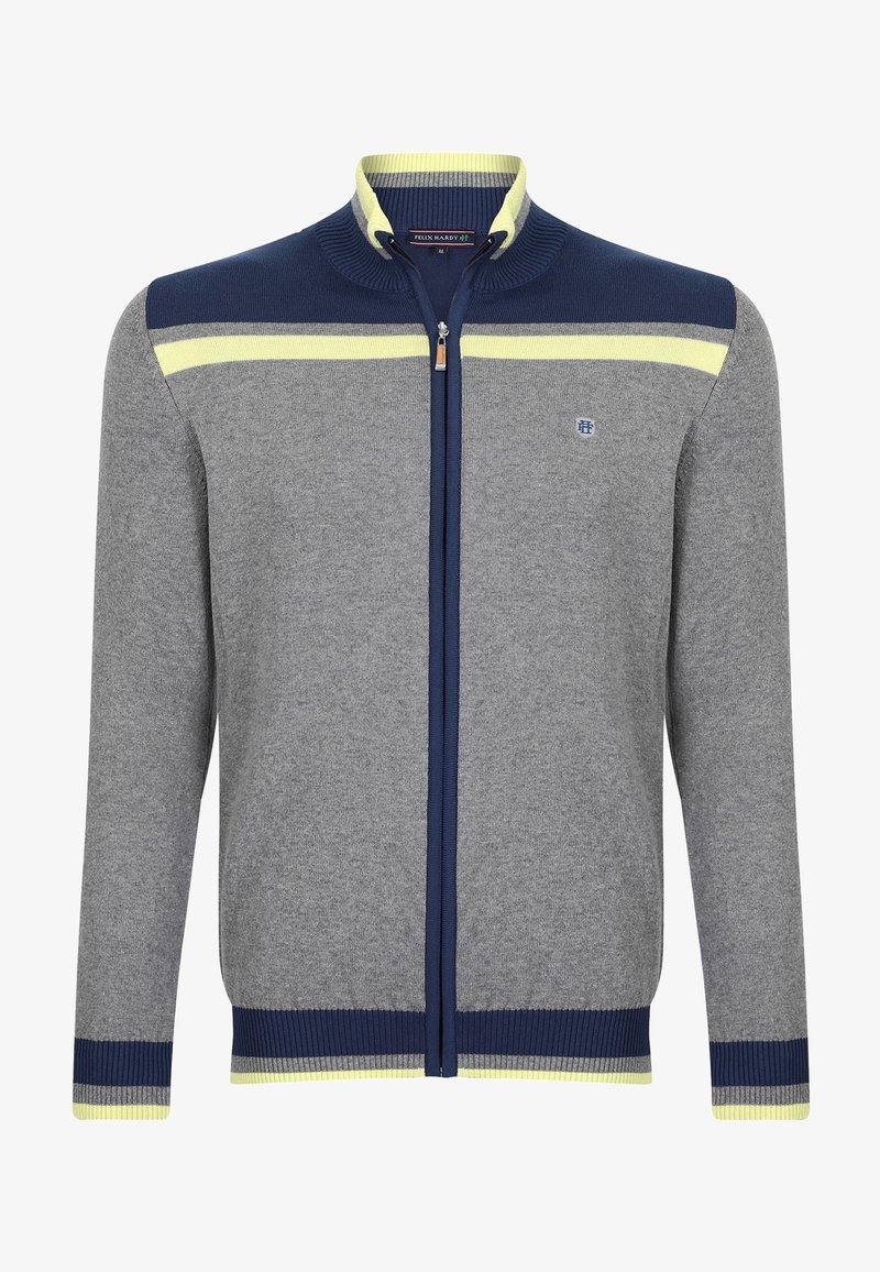 Sweat-shirt zippé gris avec des rayures navy et jaune sur les épaules et les poignets. Présente une texture côtelée et un petit logo sur la poitrine.