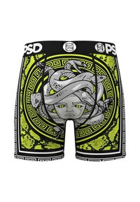 Bóxer para hombre con base negra, diseño de serpiente verde vibrante, patrones intrincados y una cinturilla blanca con la marca "PSD."