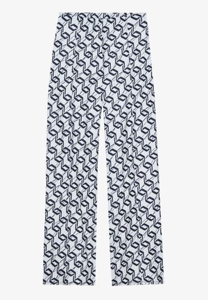 Witte broek met wijde pijpen, gekenmerkt door een geometrisch marineblauw patroon, met een zachte textuur en een elastische tailleband voor een comfortabele pasvorm.
