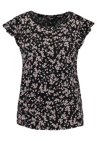 Svart kortärmad topp med rund halsringning, prydd med ett blommönster i rosa och vitt, tillverkad av mjukt, lätt tyg.