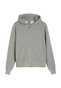 Szara rozpinana bluza z kapturem, wykonana z miękkiego materiału; posiada kaptur, dwie przednie kieszenie oraz prążkowane mankiety. Prosty design bez widocznych wzorów.
