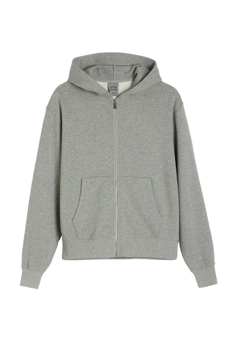 Szara rozpinana bluza z kapturem, wykonana z miękkiego materiału; posiada kaptur, dwie przednie kieszenie oraz prążkowane mankiety. Prosty design bez widocznych wzorów.